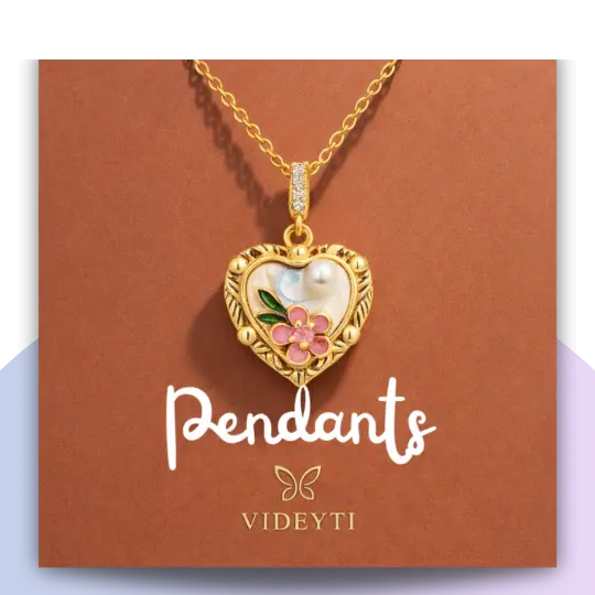 Gold heart-shaped locket pendant with mother-of-pearl and pink floral detail on a gold chain against a brown background. | Videyti
