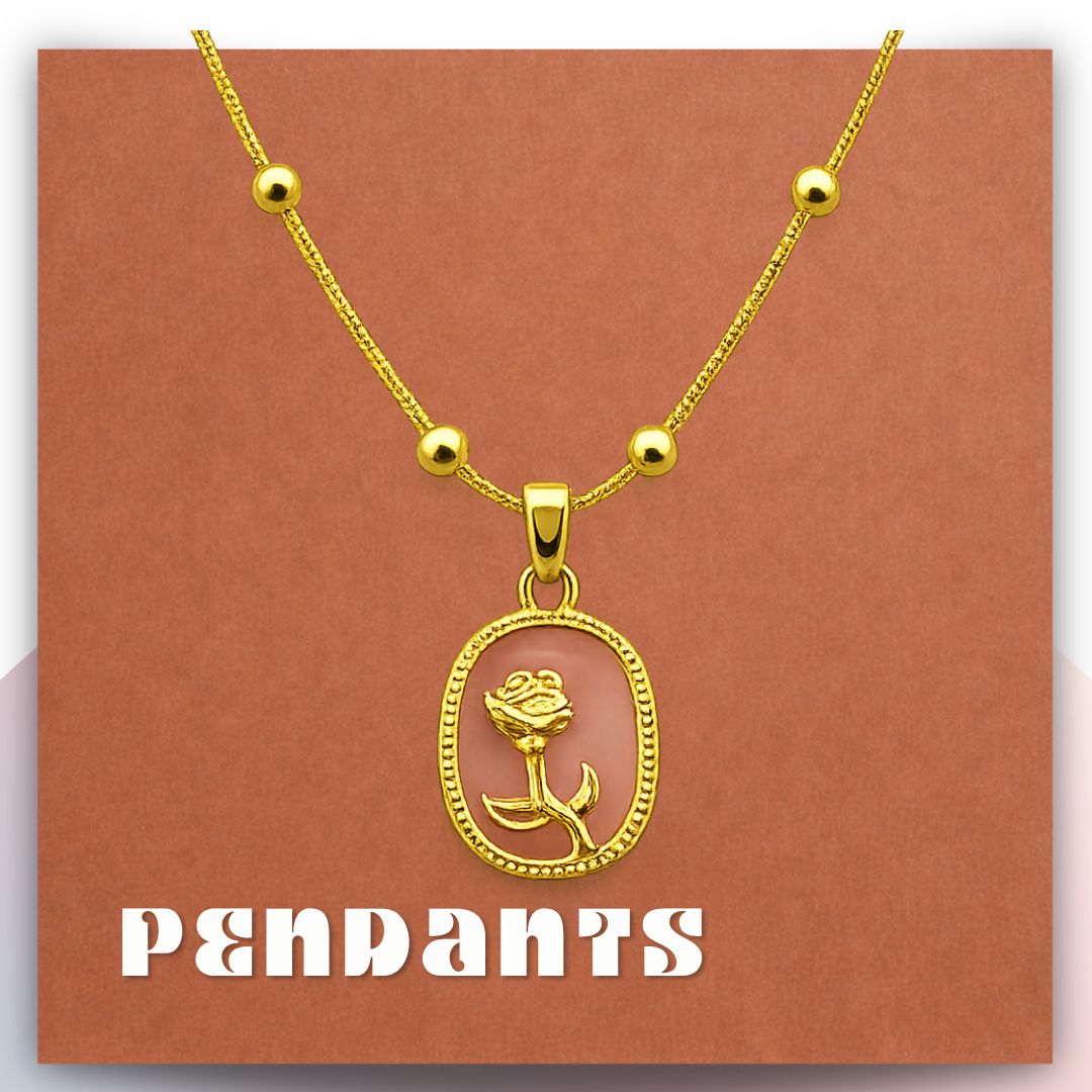 Gold heart-shaped locket pendant with mother-of-pearl and pink floral detail on a gold chain against a brown background. | Videyti