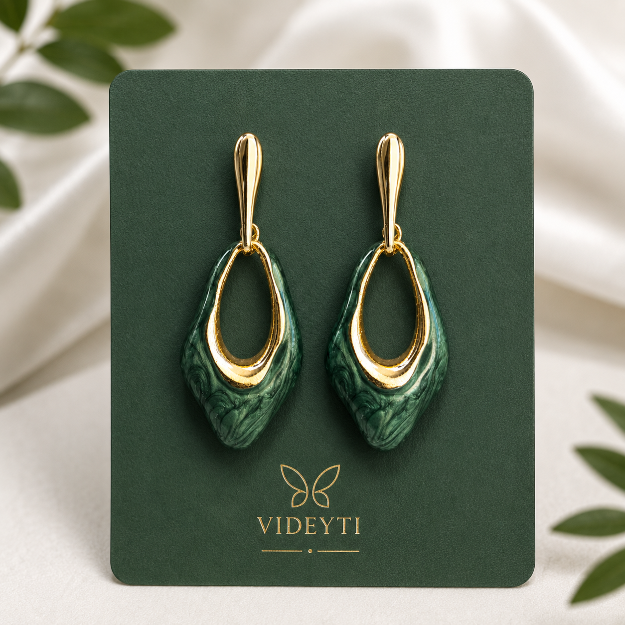 Verdessa Gold-Tone Green Sculpted Drop Earrings