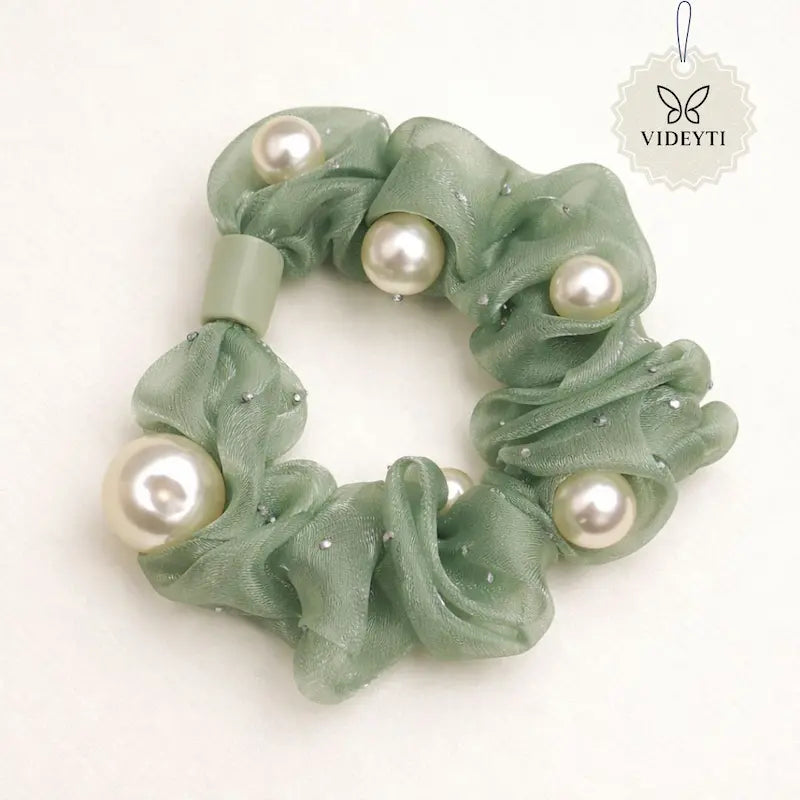 Sage green organza scrunchie with pearl accents