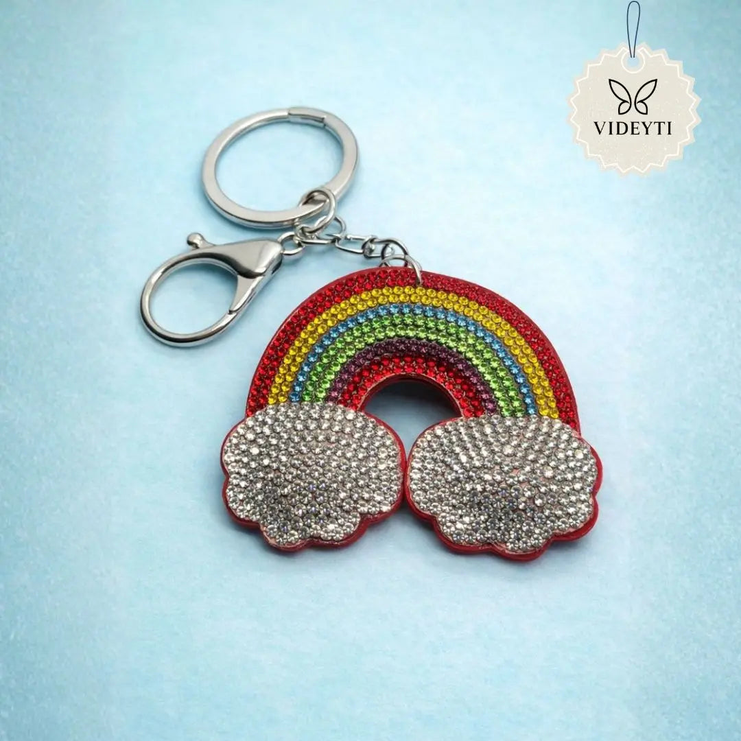 Rhinestone rainbow keychain with silver clouds