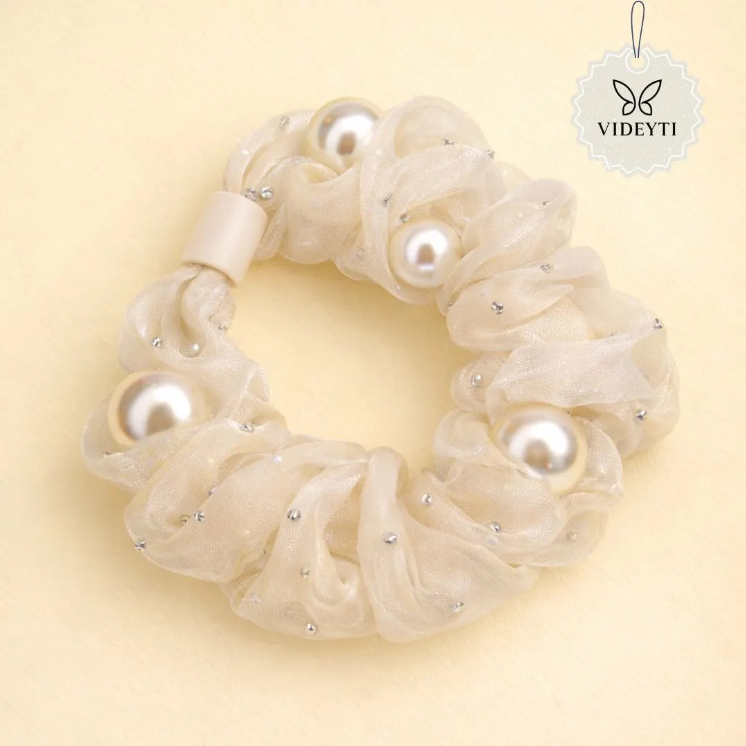 Ivory organza scrunchie with pearl accents