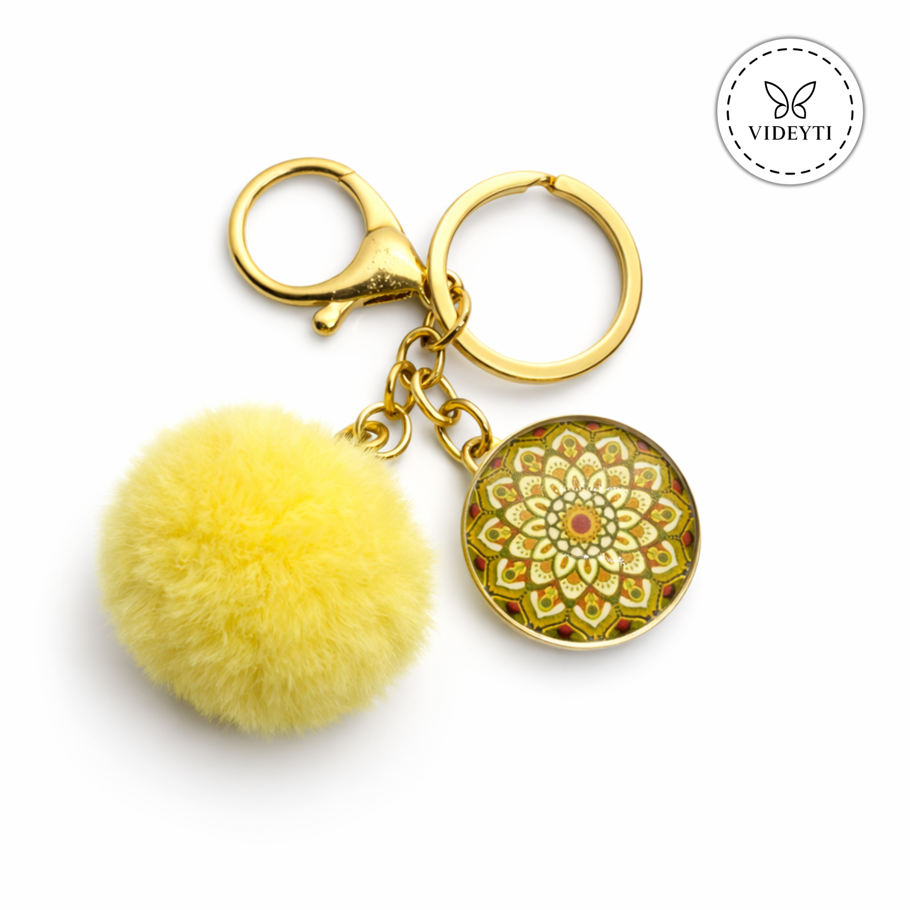 Pom Pom Keychain with Mandala Charm