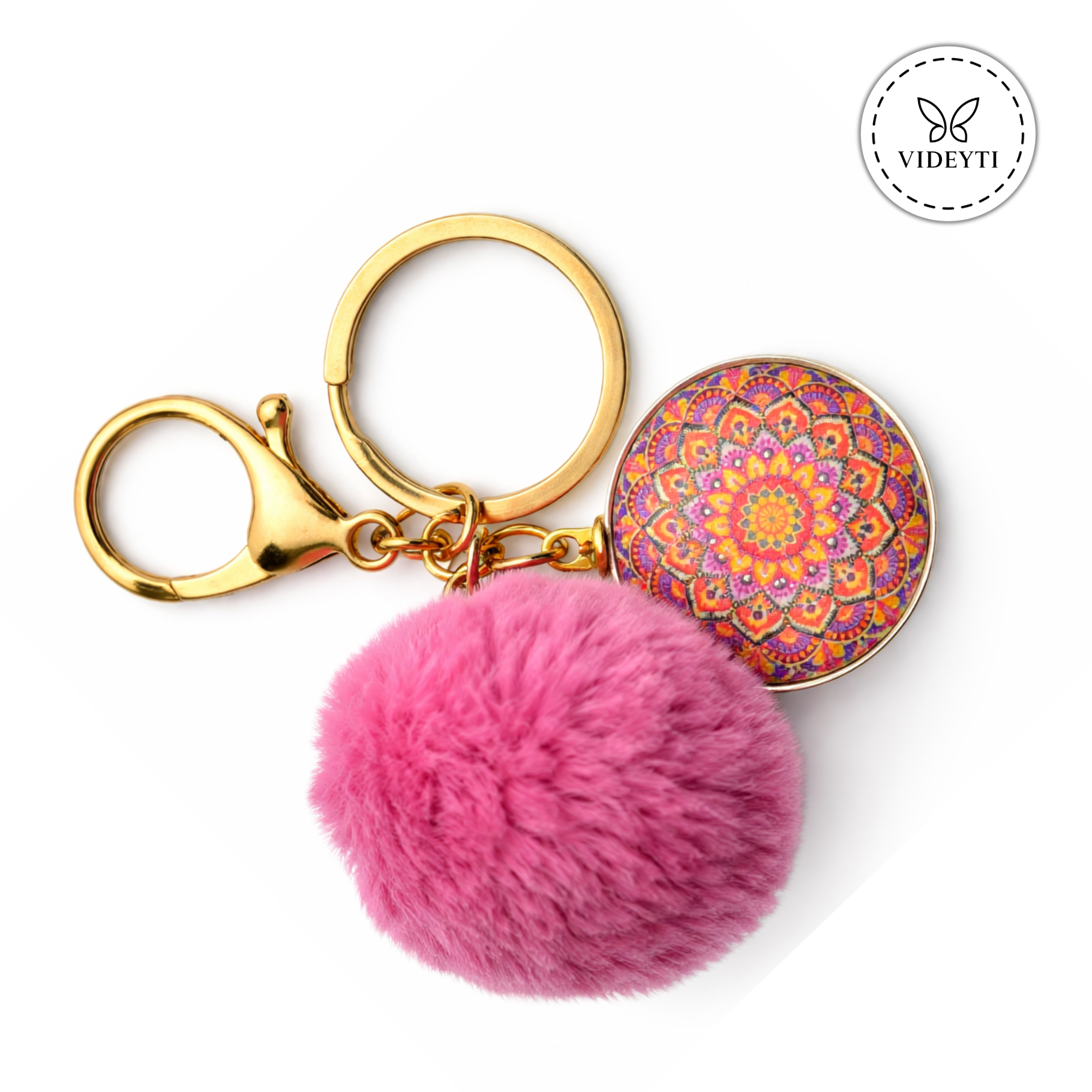 Pom Pom Keychain with Mandala Charm