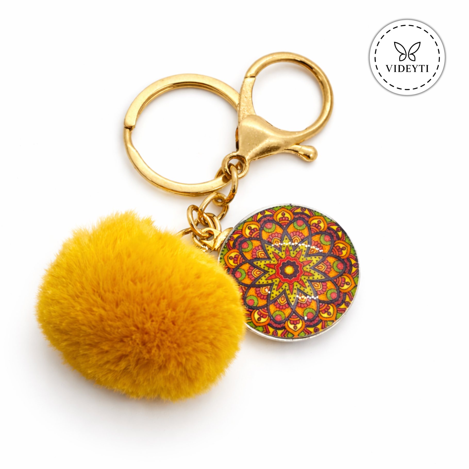 Pom Pom Keychain with Mandala Charm