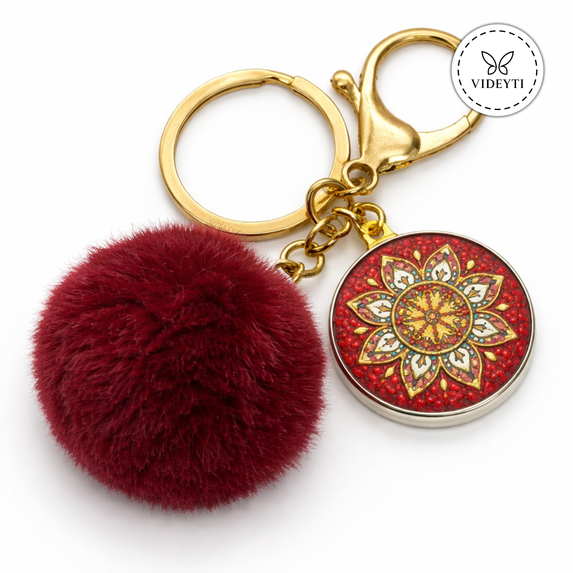 Pom Pom Keychain with Mandala Charm
