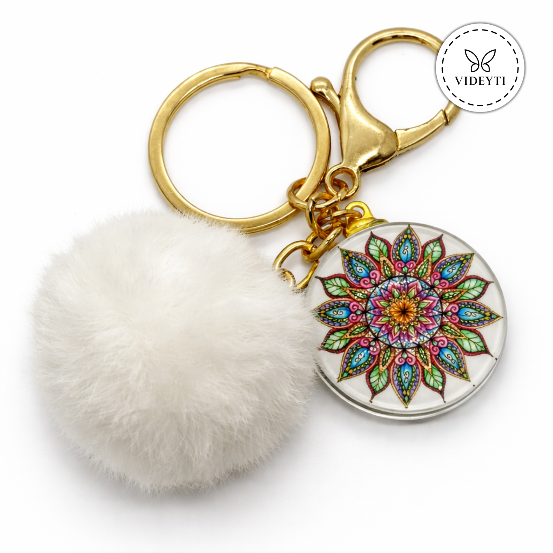 Pom Pom Keychain with Mandala Charm