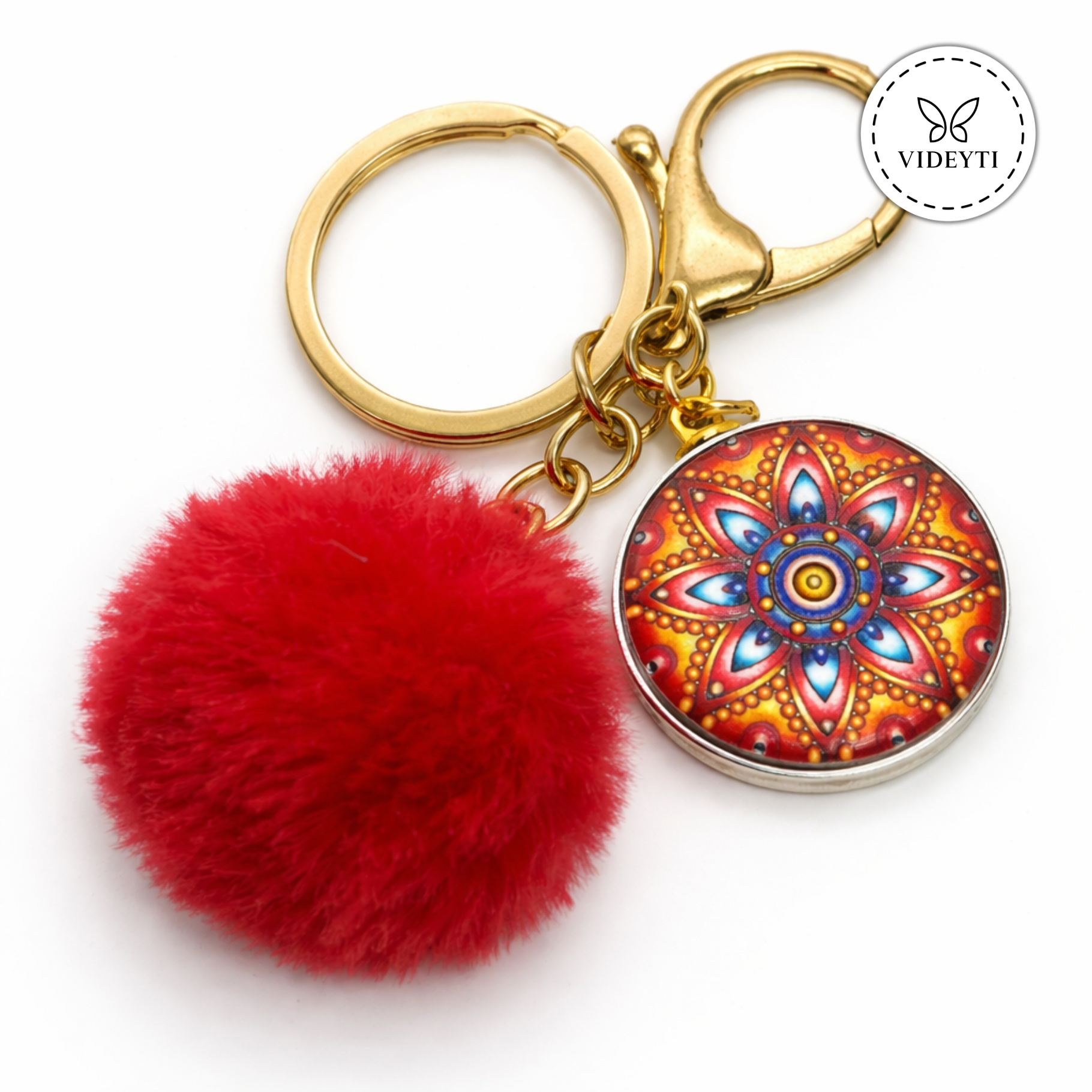 Pom Pom Keychain with Mandala Charm