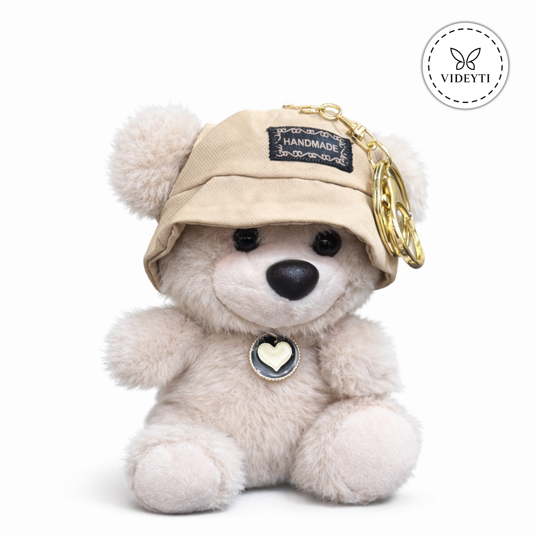 Handmade Teddy Bear Keychain with Bucket Hat & Heart Charm