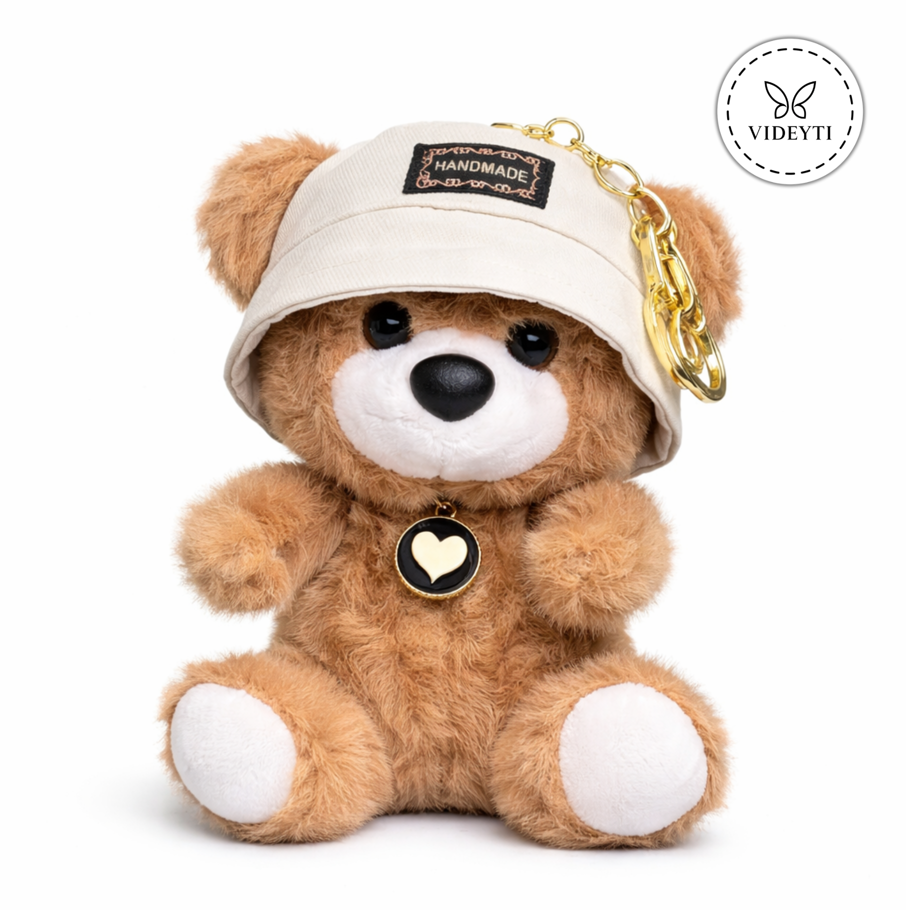 Handmade Teddy Bear Keychain with Bucket Hat & Heart Charm