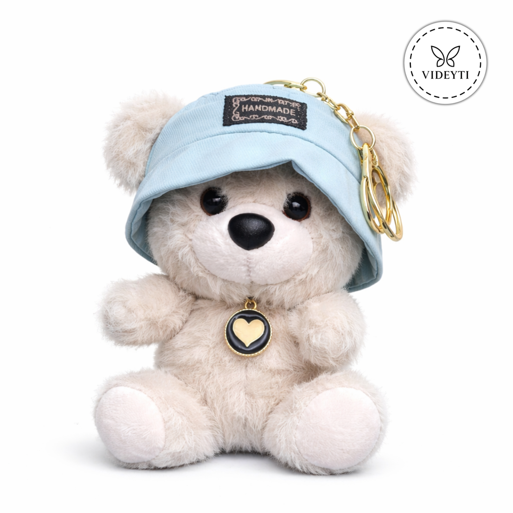 Handmade Teddy Bear Keychain with Bucket Hat & Heart Charm
