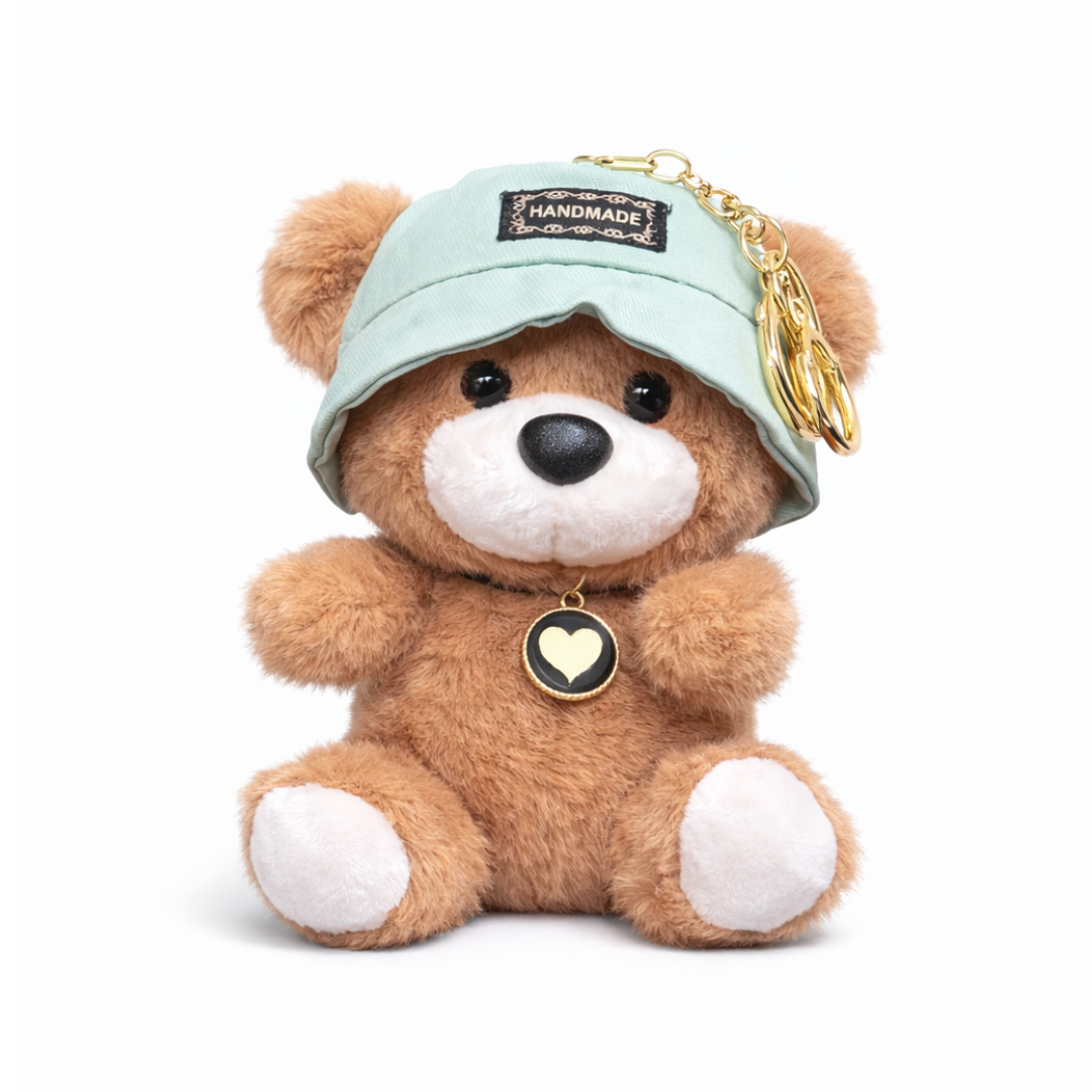 Handmade Teddy Bear Keychain with Bucket Hat & Heart Charm