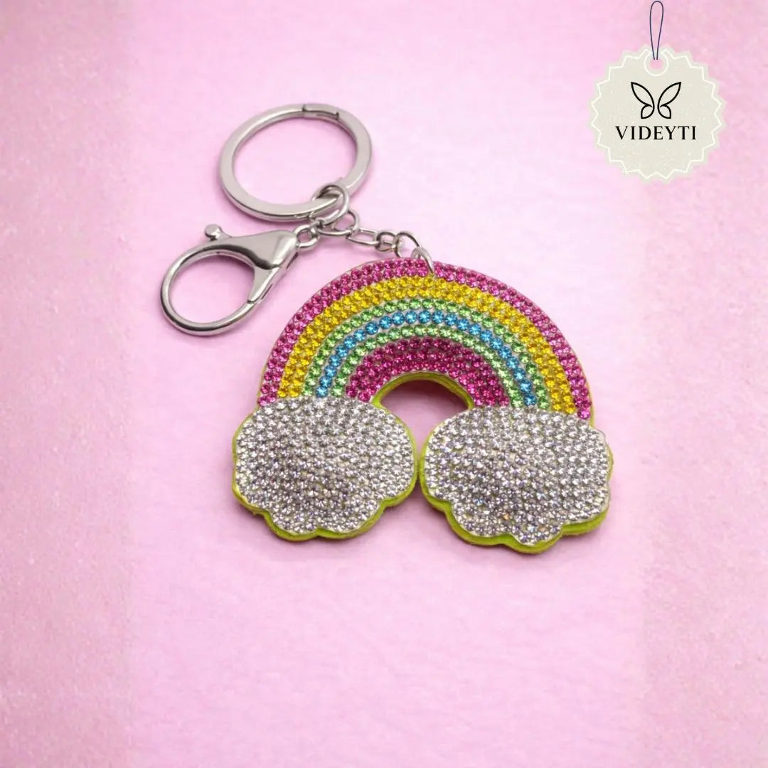 Pink rhinestone rainbow keychain with silver clouds