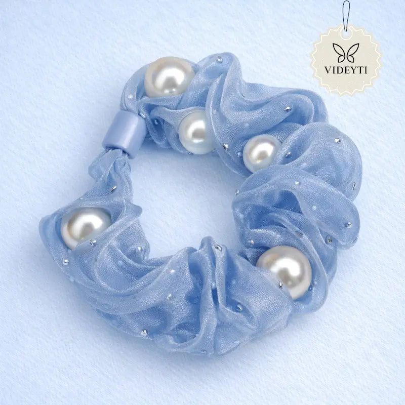 Blue organza scrunchie with pearl accents
