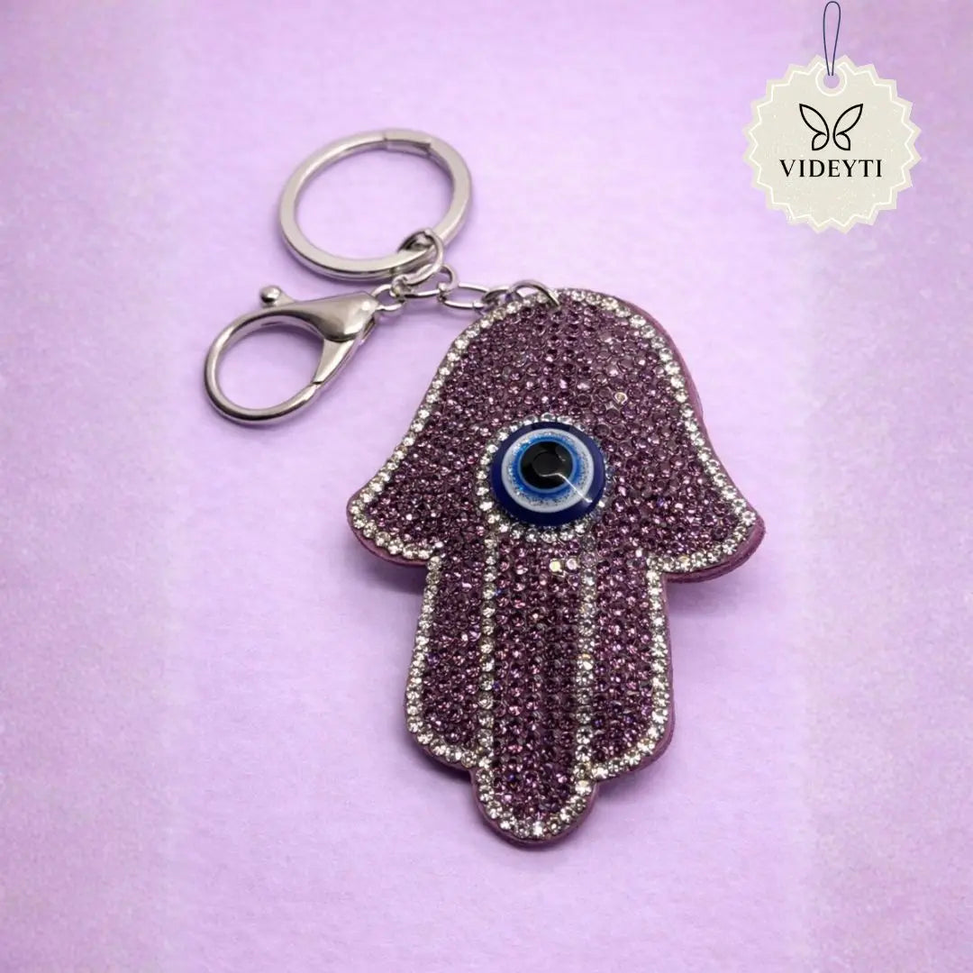 Rhinestone hamsa hand keychain with blue evil eye