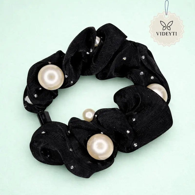 Black organza scrunchie with pearl accents
