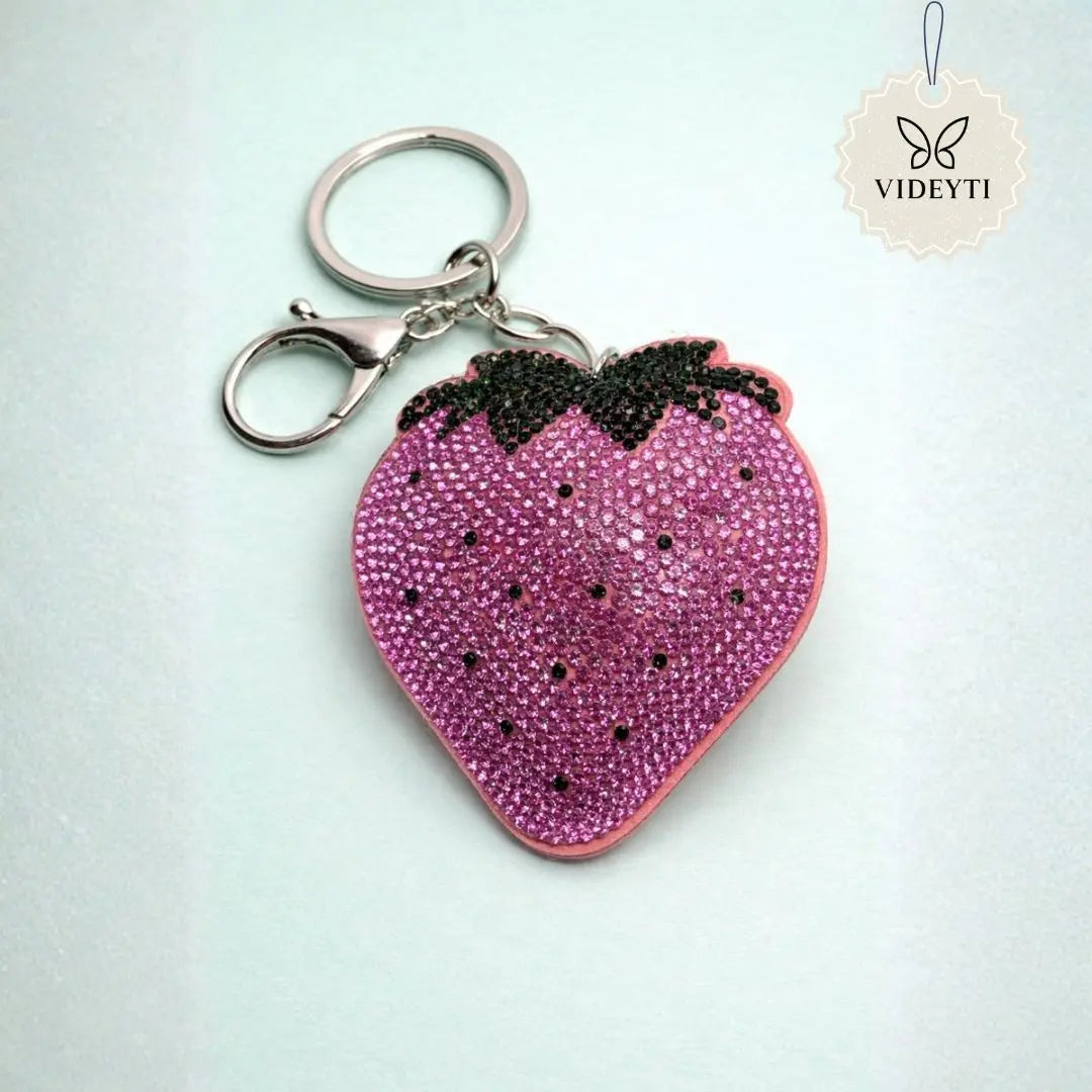 Pink rhinestone strawberry keychain with silver clasp