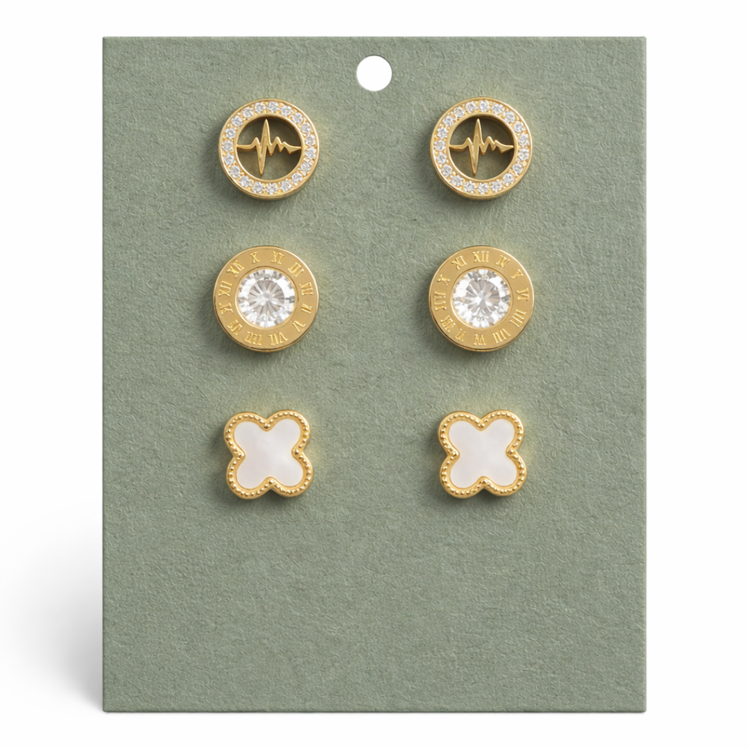 Gold Clover, Roman Numeral & Heartbeat Stud Earrings Set – Elegant Statement Trio
