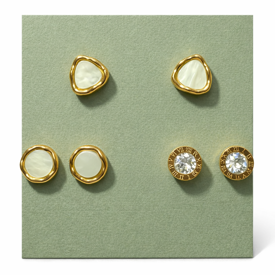 Gold Mother-of-Pearl & Crystal Stud Earrings Set – Modern Minimal Jewelry Trio