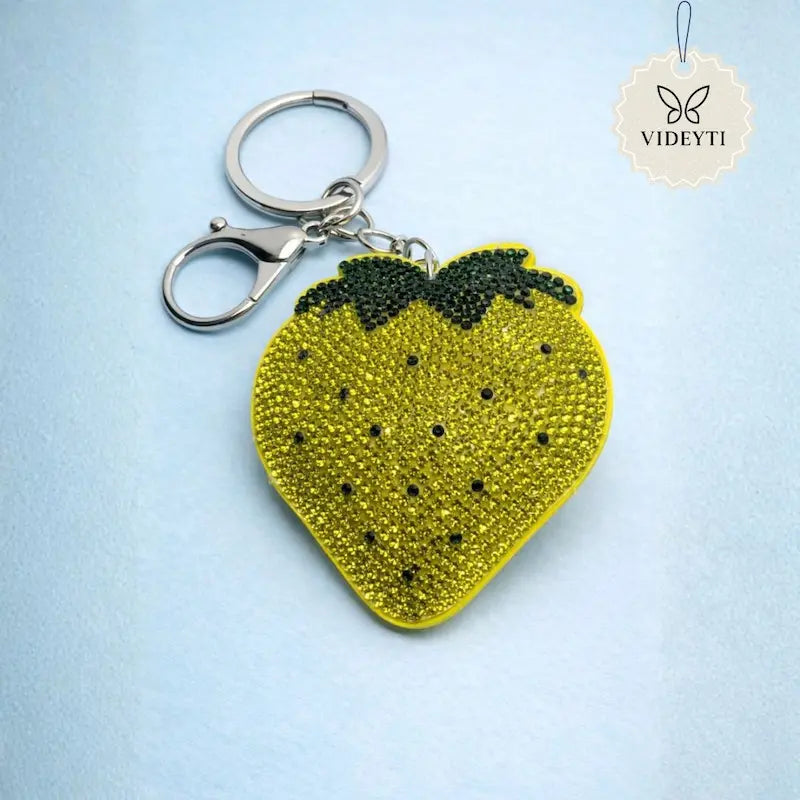 Yellow rhinestone strawberry keychain with silver clasp