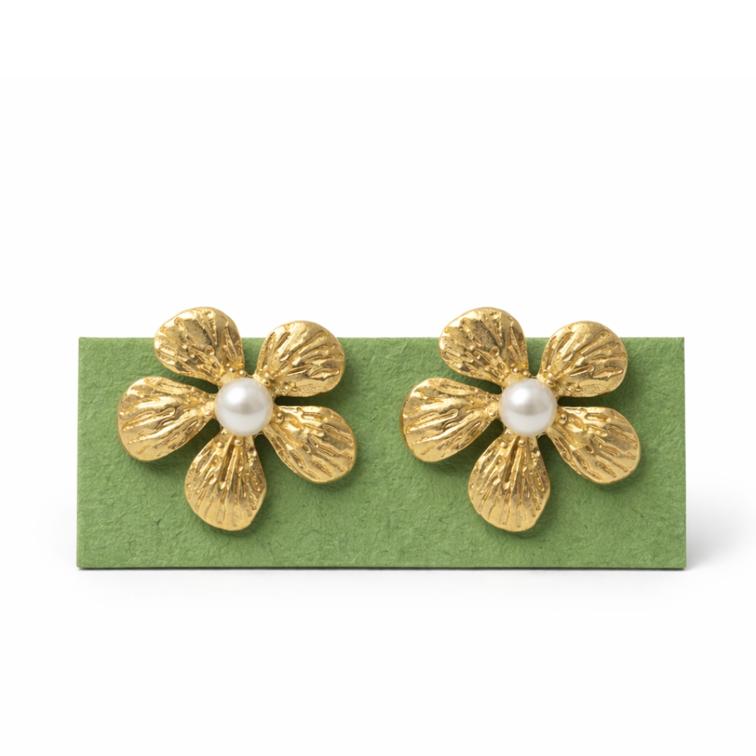 Golden Bloom Pearl Stud Earrings