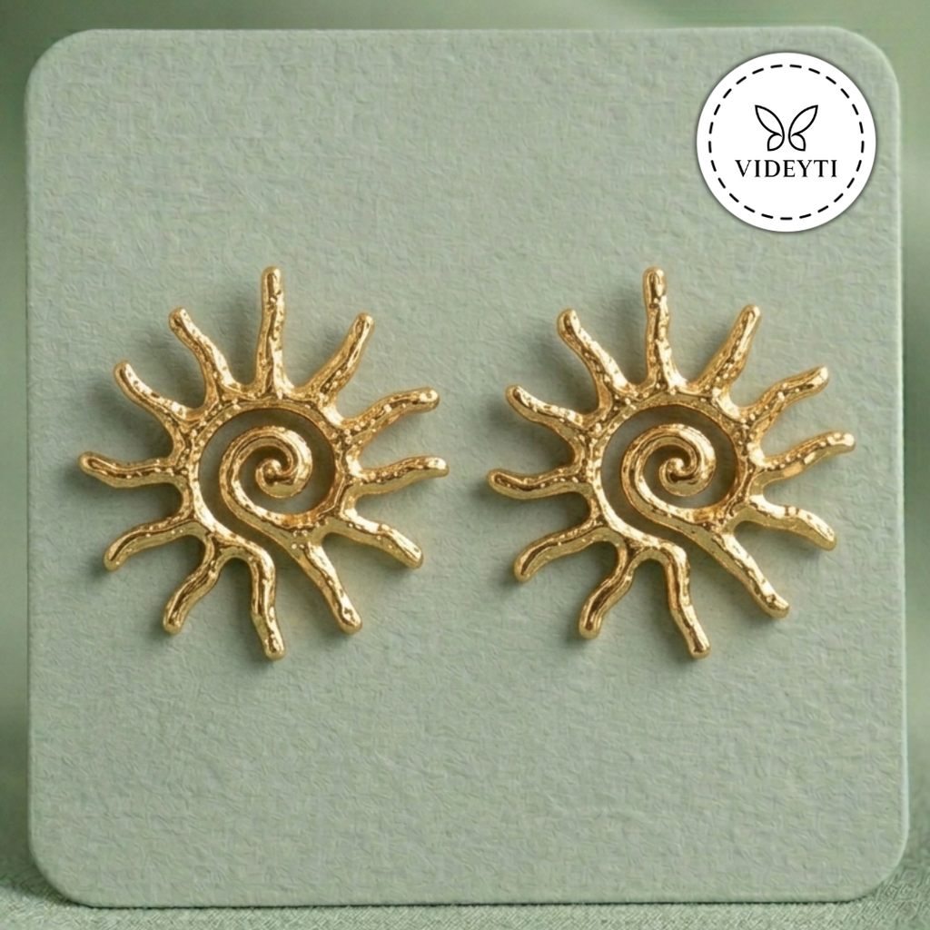 Golden Spiral Sun Stud Earrings