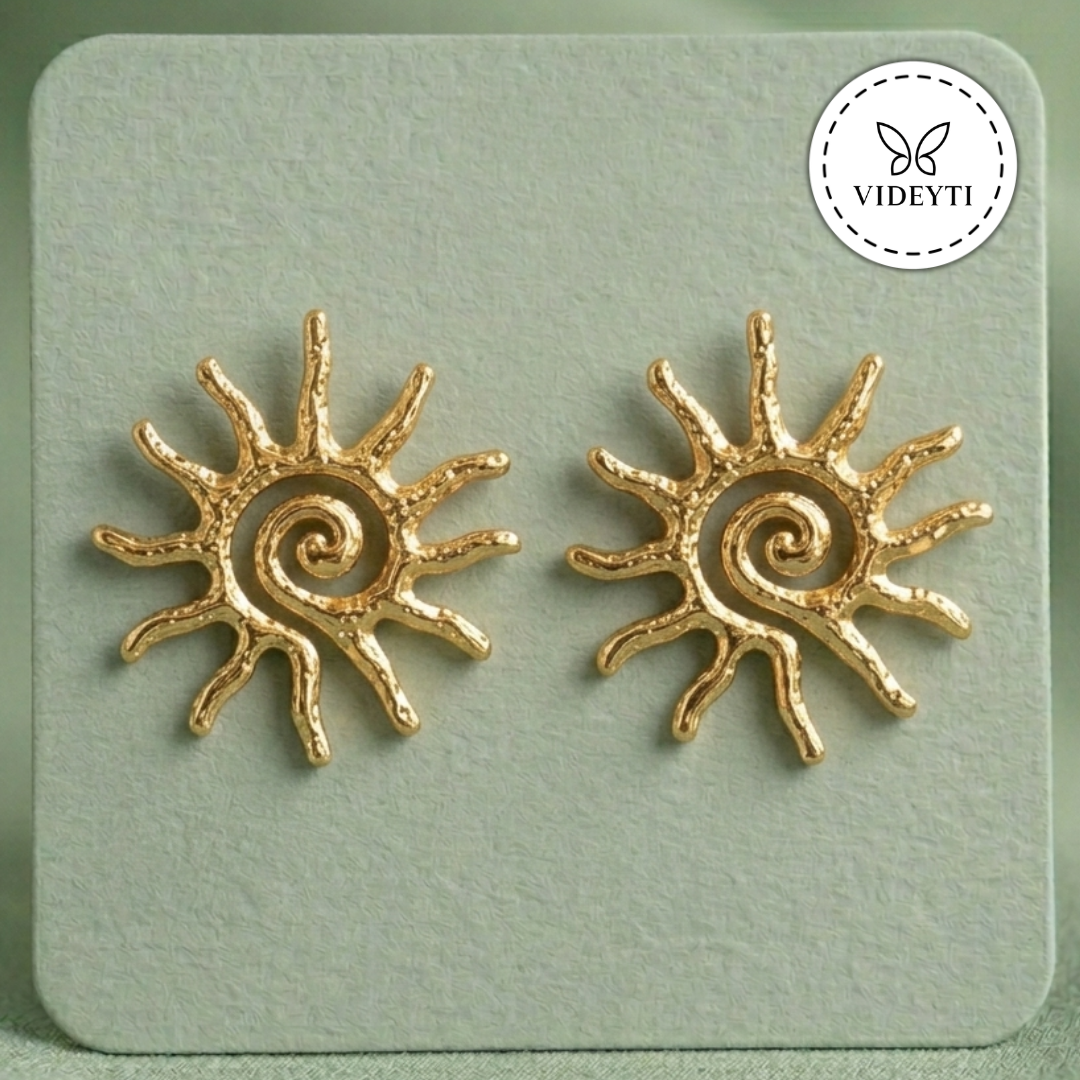 Golden Spiral Sun Stud Earrings