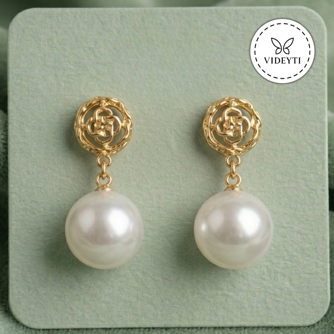 Golden Rose Pearl Drop Earrings