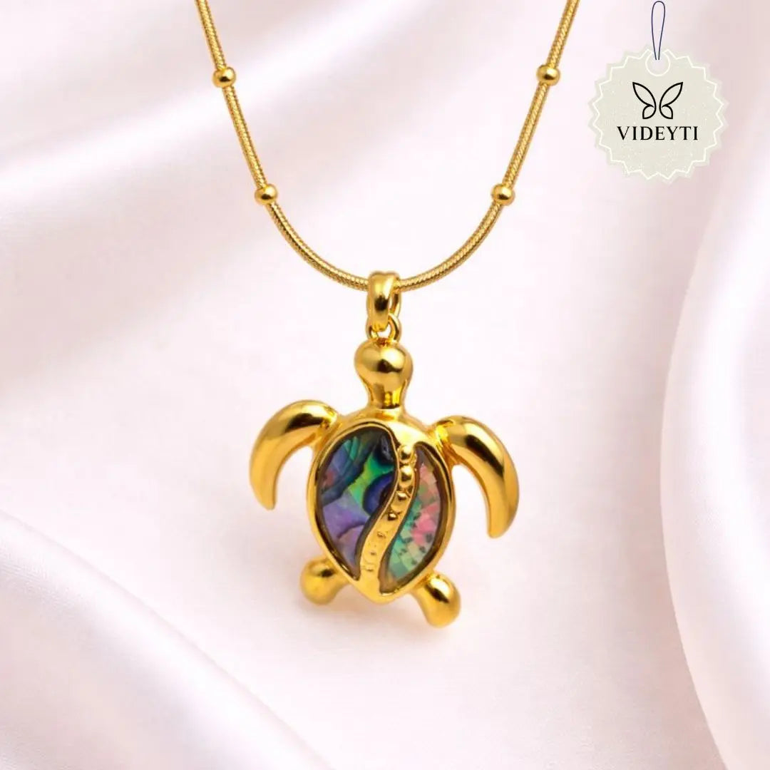 Sea turtle pendant necklace with colorful shell and gold chain included