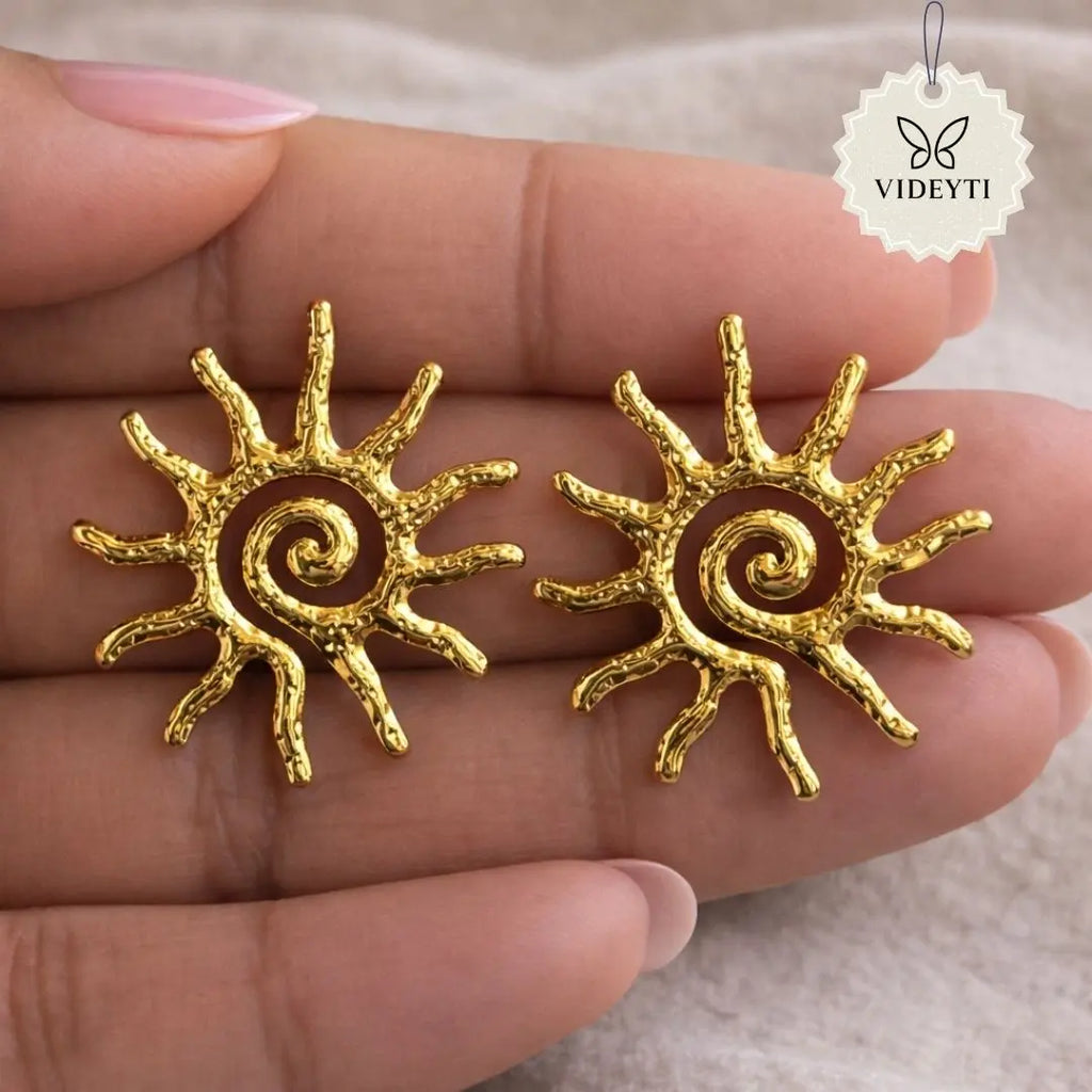 Golden spiral sun stud earrings