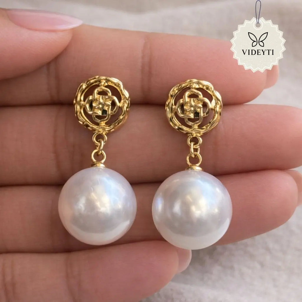 Golden rose pearl drop earrings