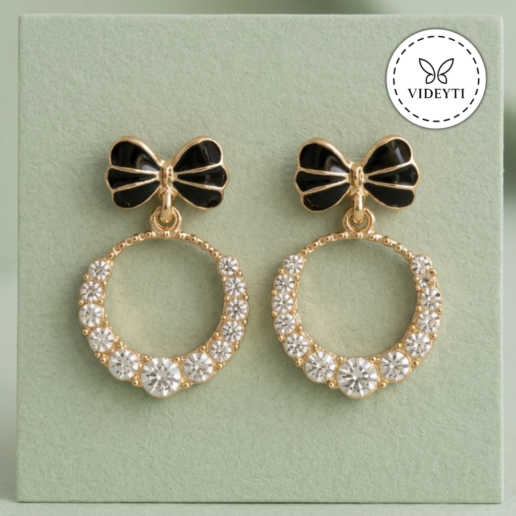 Golden Bow Crystal Drop Earrings