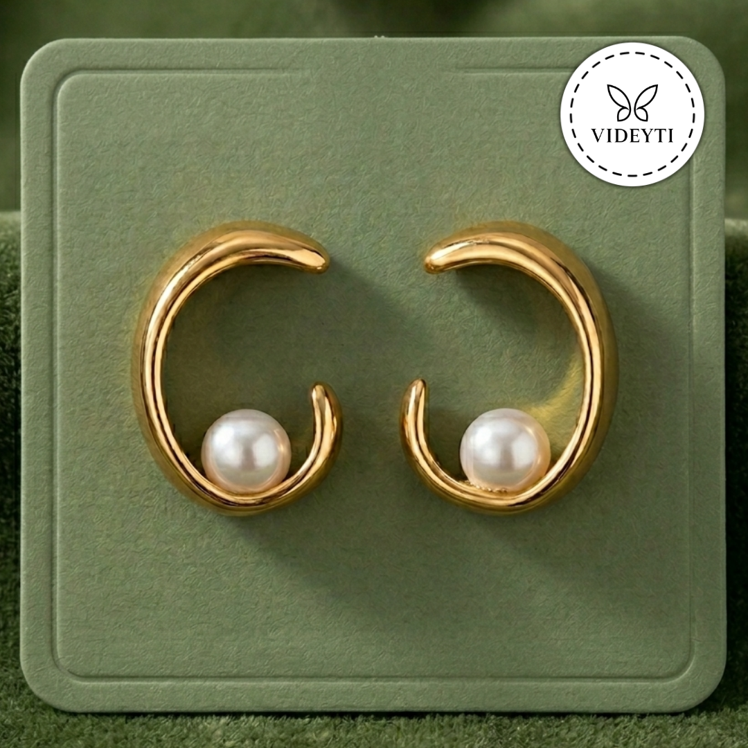 Golden Open Curve Pearl Stud Earrings