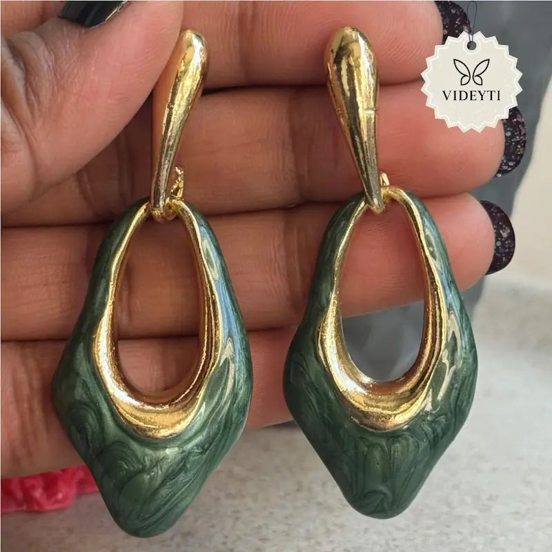 Gold-tone green sculpted drop earrings