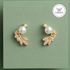 Golden Pearl Leaf Stud Earrings
