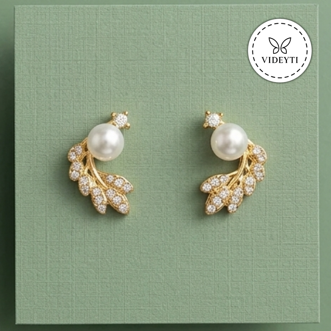 Golden Pearl Leaf Stud Earrings