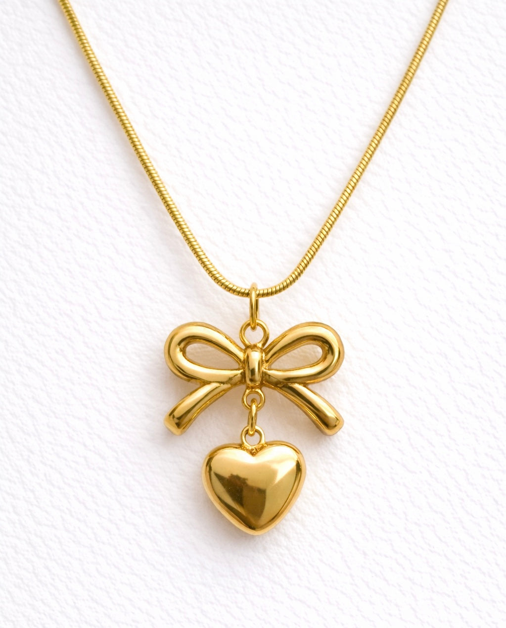 Golden Bow Heart Drop Pendant Necklace