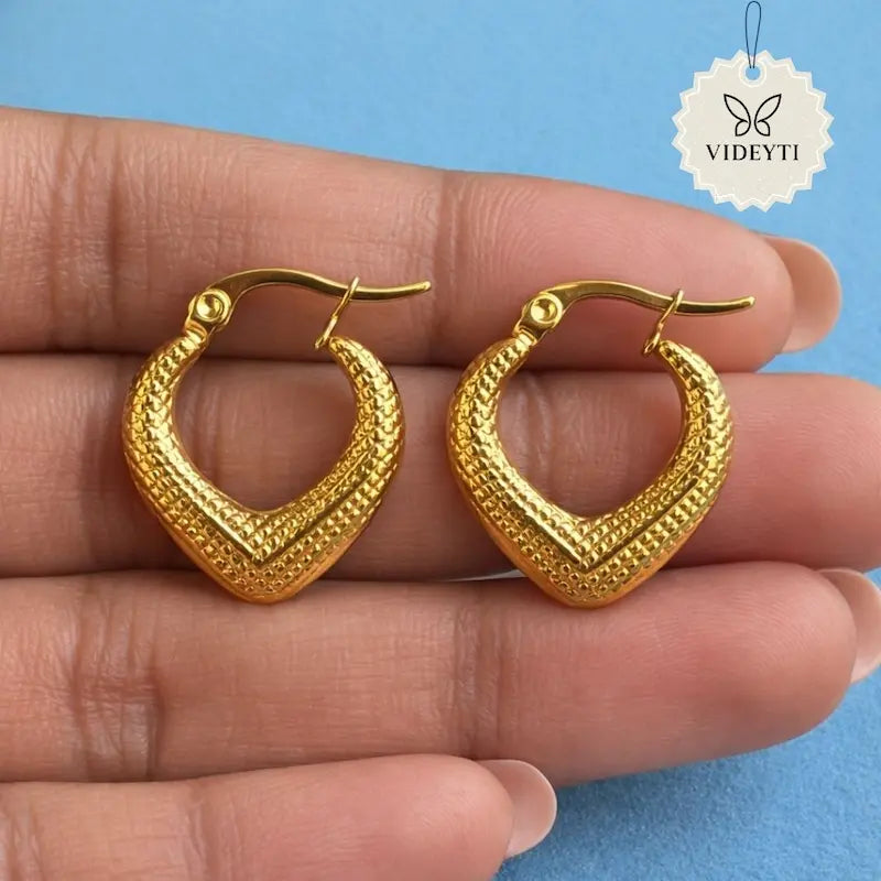 Textured V-curve hoop earrings with gold-tone finish