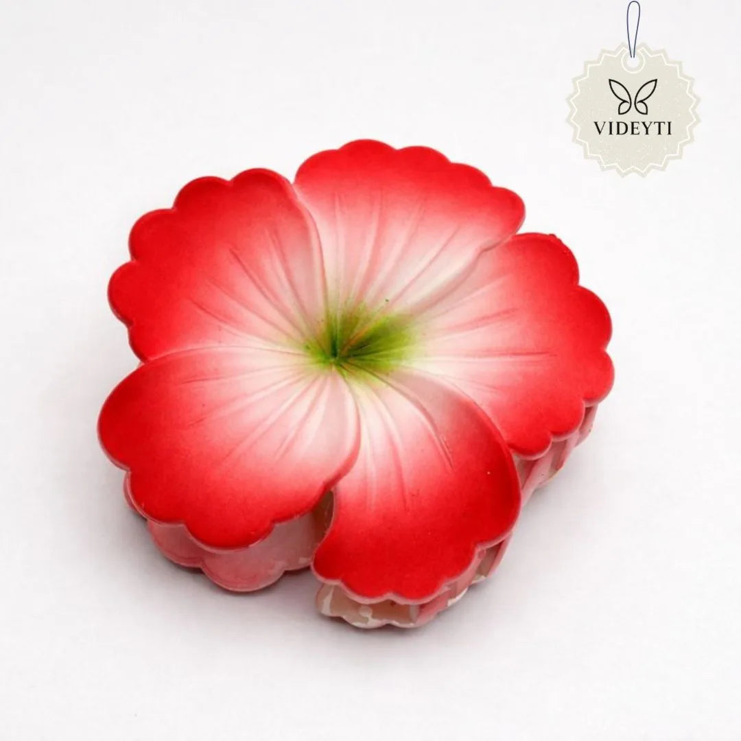 Red flower hair claw clip with green center