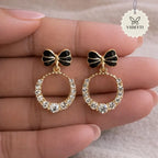 Golden black bow crystal drop earrings