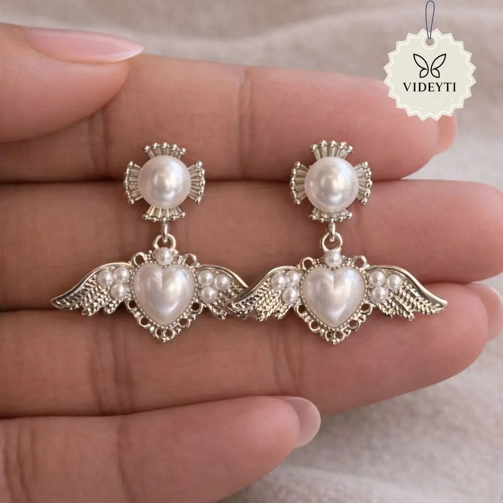 Golden angel wing heart pearl drop earrings
