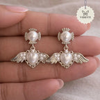 Golden angel wing heart pearl drop earrings