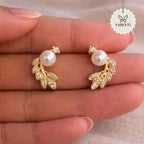 Golden pearl leaf crystal stud earrings