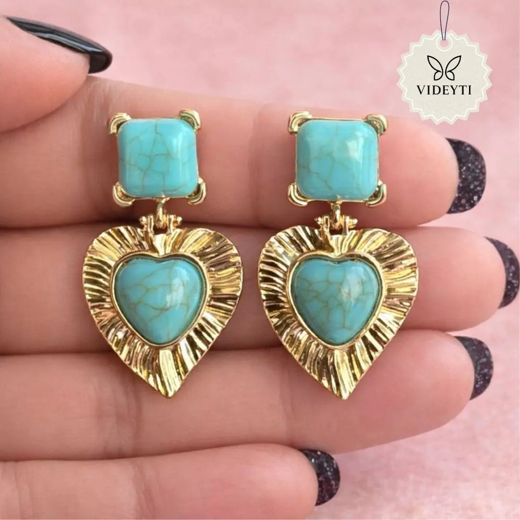 Gold-tone turquoise heart drop earrings
