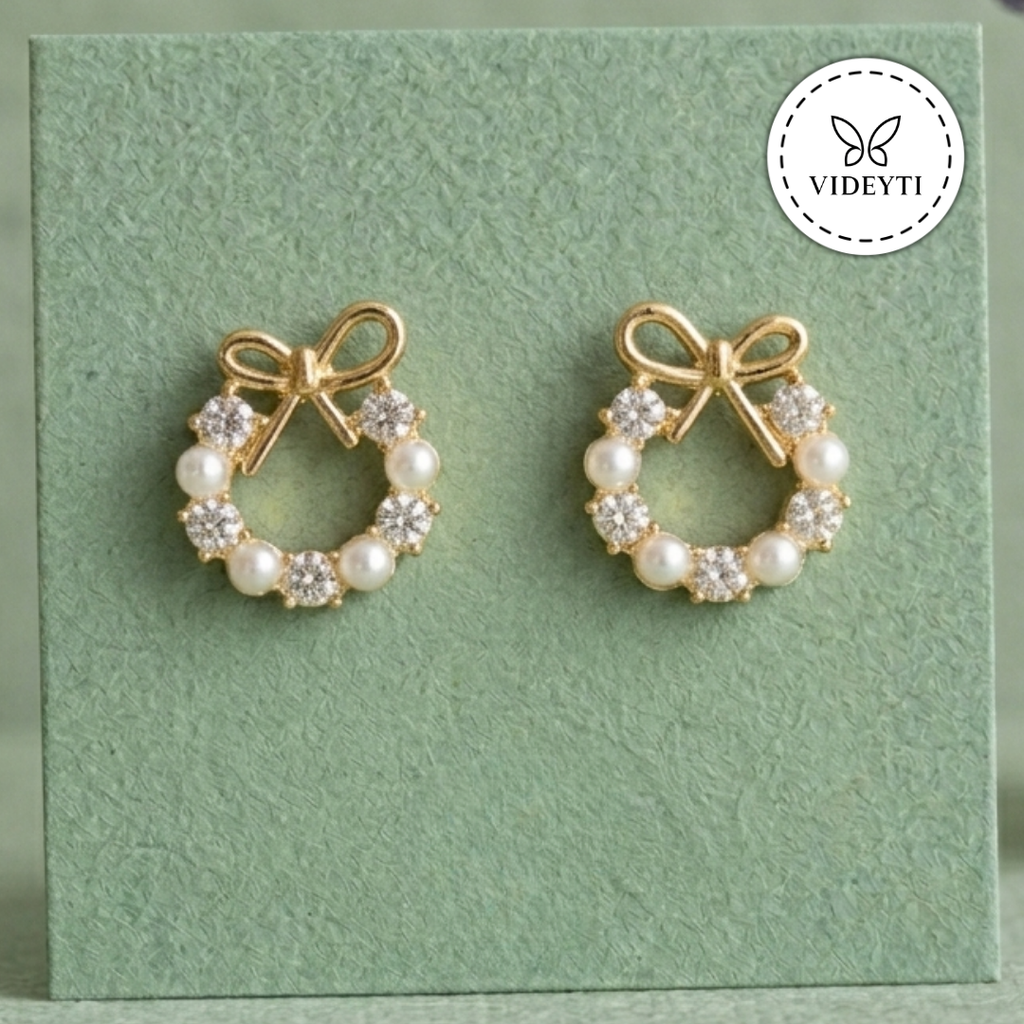 Noelle Gold-Tone Pearl Crystal Bow Stud Earrings