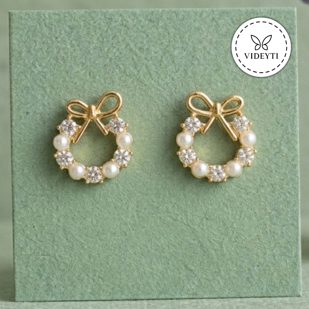 Noelle Gold-Tone Pearl Crystal Bow Stud Earrings