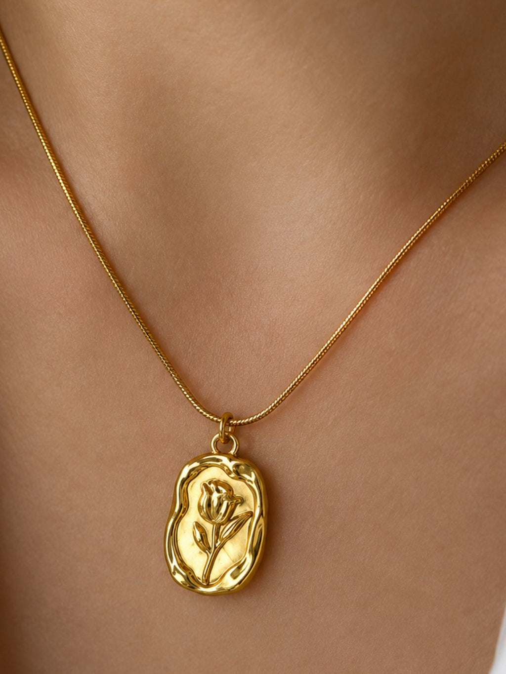Golden Tulip Engraved Pendant Necklace