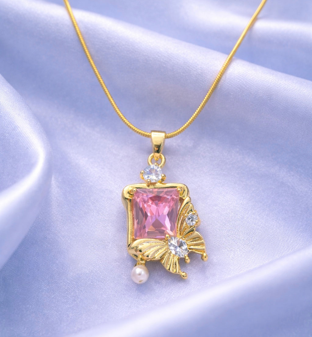 Butterfly Pink Crystal Drop Pendant Necklace