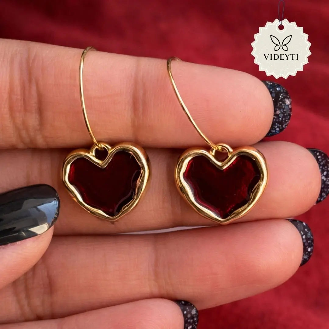 Gold-tone red heart drop earrings
