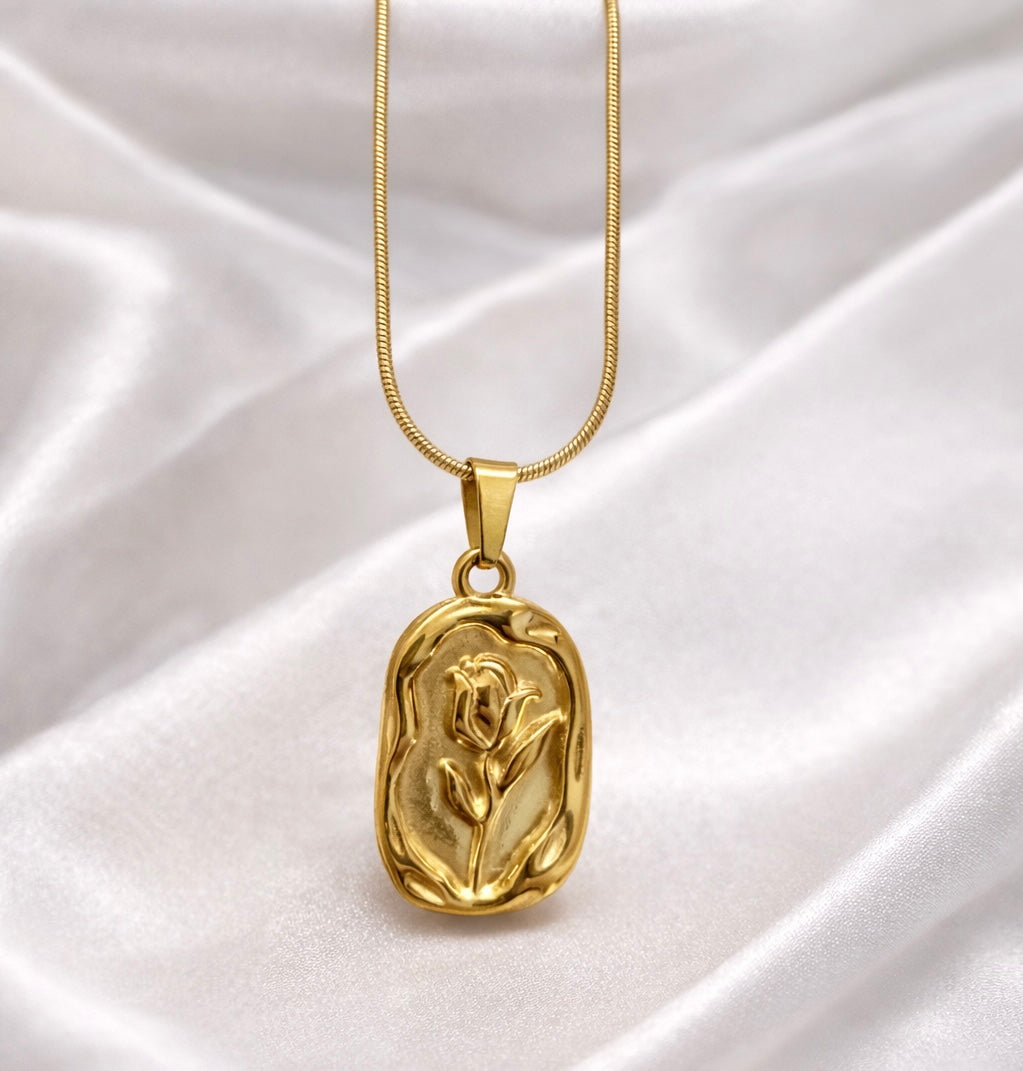 Golden Tulip Engraved Pendant Necklace
